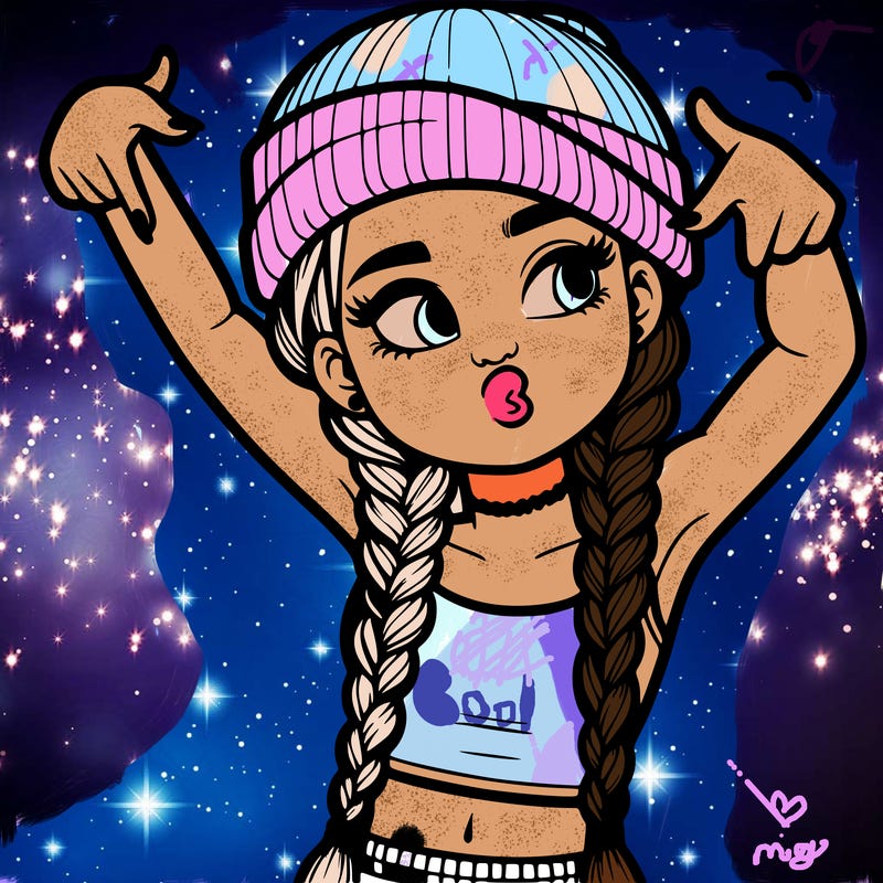 realistic teenage girl with braids and a beanie and crop top doing 🫶🏼
