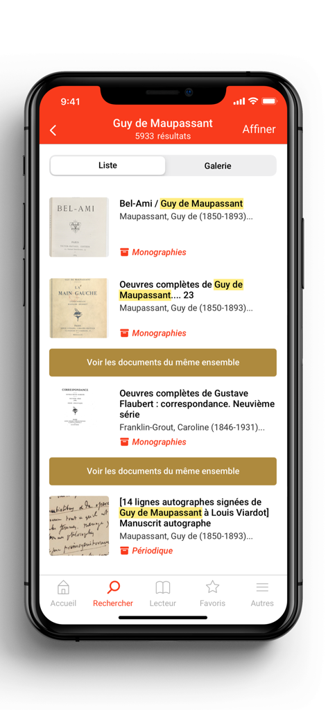 Gallica - Search results for Guy de Maupassant in the Gallica digital library app showing digitized books and manuscripts