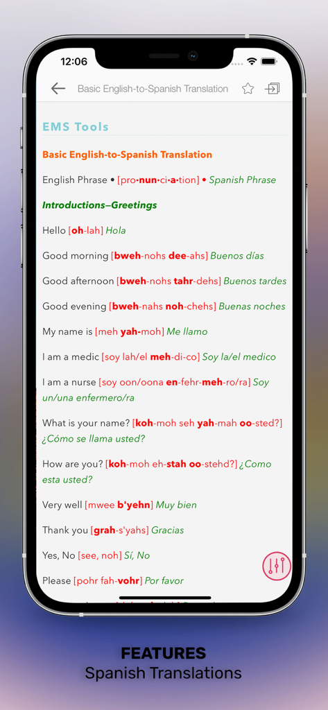 Screenshot of EMS Notes app showing English to Spanish medical translations for greetings and introductions
