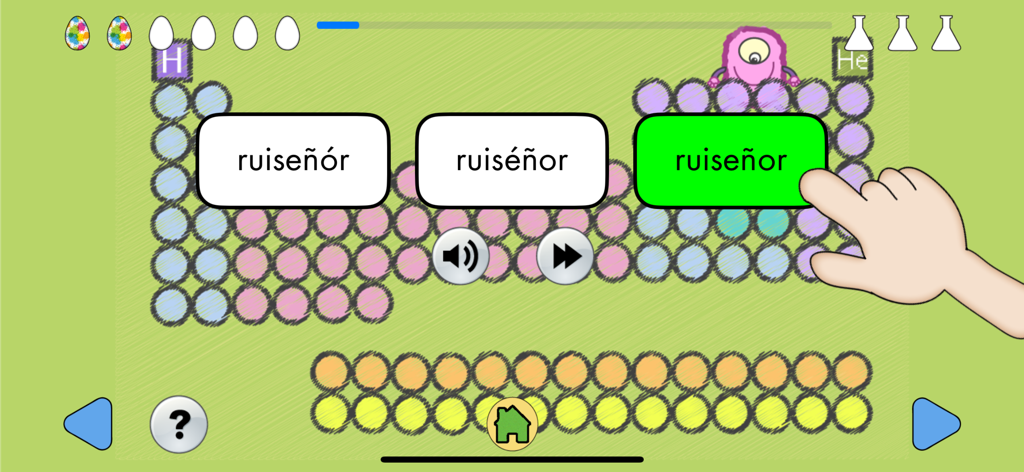 教育ゲーム画面で、子供が 'ruisenor' という単語の正しいスペイン語スペルを選択しています。