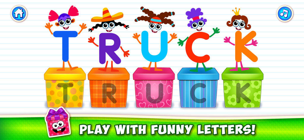 ABC Kids Games: Learn Letters! - Letras animadas y divertidas que forman la palabra CAMIÓN en cajas coloridas en una aplicación de aprendizaje de fonética para niños
