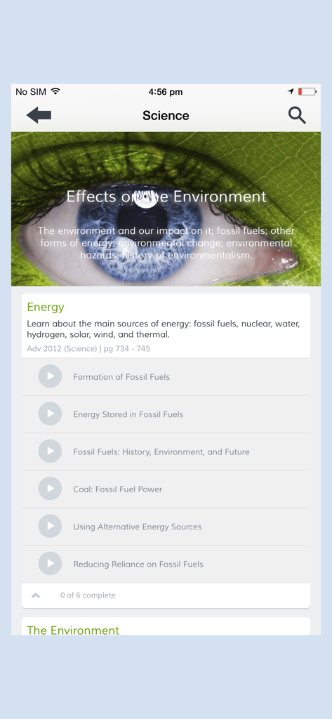 SWAdvantage - SWAdvantage mobile app science screen displaying energy and fossil fuel video lessons
