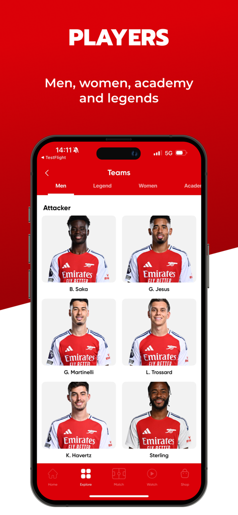 A screen from the Gunners app displaying Arsenal first team player profiles including Bukayo Saka and Kai Havertz.