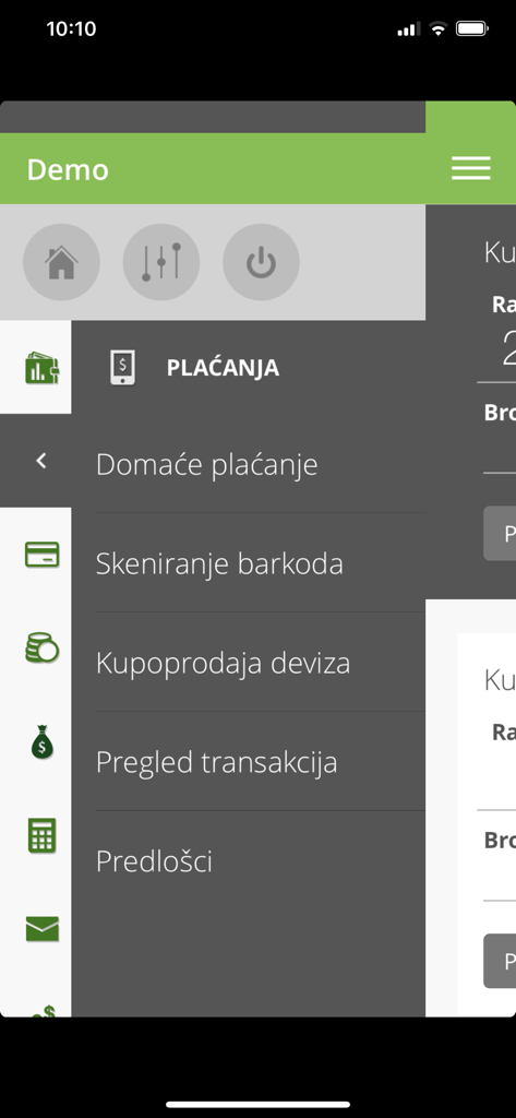 OTP m-business HR - Navigation menu of the OTP m-business HR app showing payment and barcode scanning features.