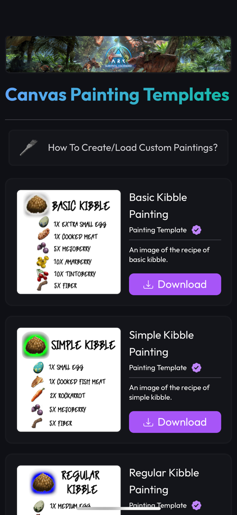 Screen from ARK Unity app displaying canvas painting templates for basic simple and regular kibble recipes with download buttons
