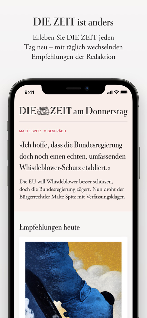 DIE ZEITニュースアプリの画面をスマートフォンの画面に表示し、毎日厳選された編集者による推薦を表示しています。