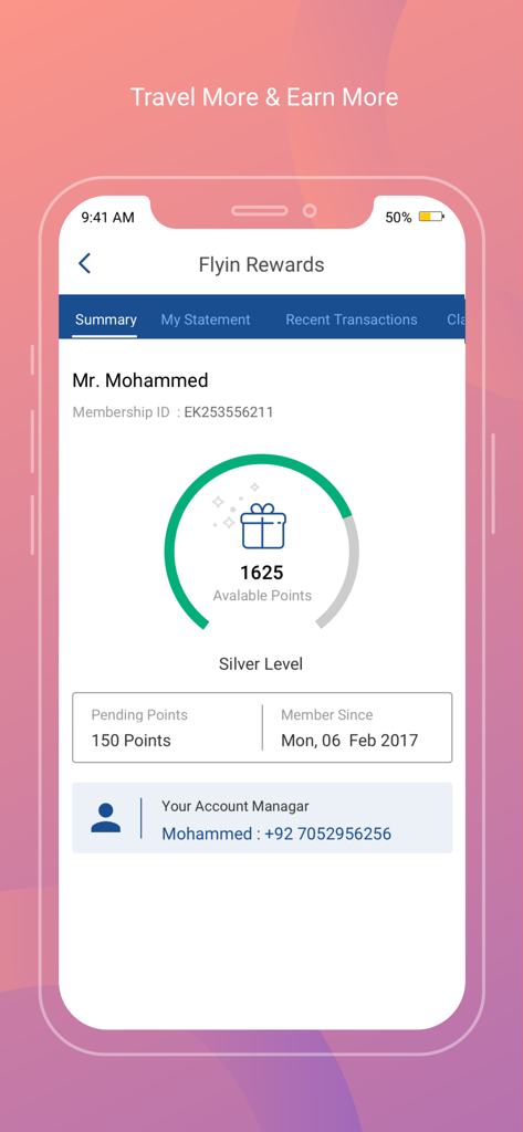 Flyin Rewards summary dashboard showing available points and silver level status