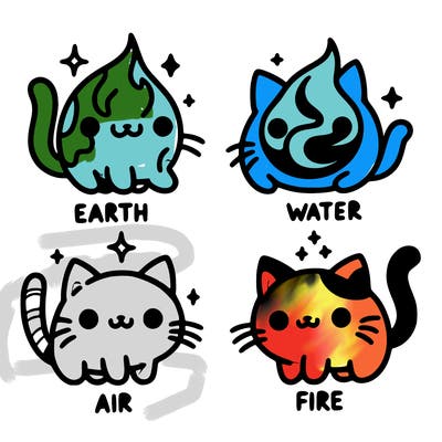4 cats that represent the different elements, earth, water, air, and fire