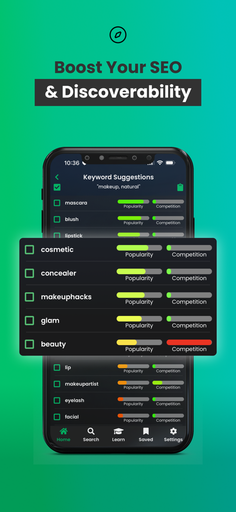 TrendTok Analytics & Tracker - Interfaz de la aplicación TrendTok que muestra sugerencias de palabras clave con métricas de popularidad y competencia para SEO de TikTok.