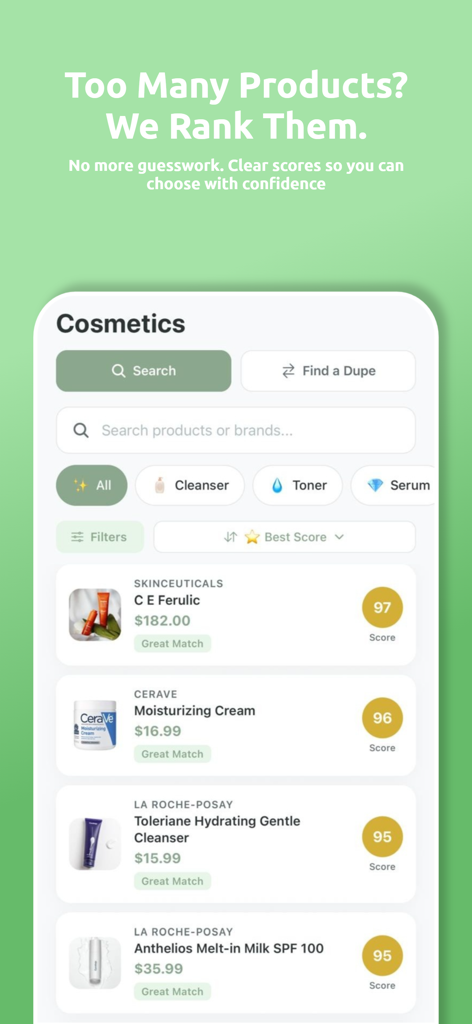 Puffin: Acne Tracker - Eine Liste von Hautpflegeprodukten mit personalisierten Kompatibilitäts-Scores in der Puffin Akne-Tracker-App.