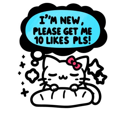 kitty taking a nap dream talking and saying "i'm new, please get me at least 10 likes pls!!"