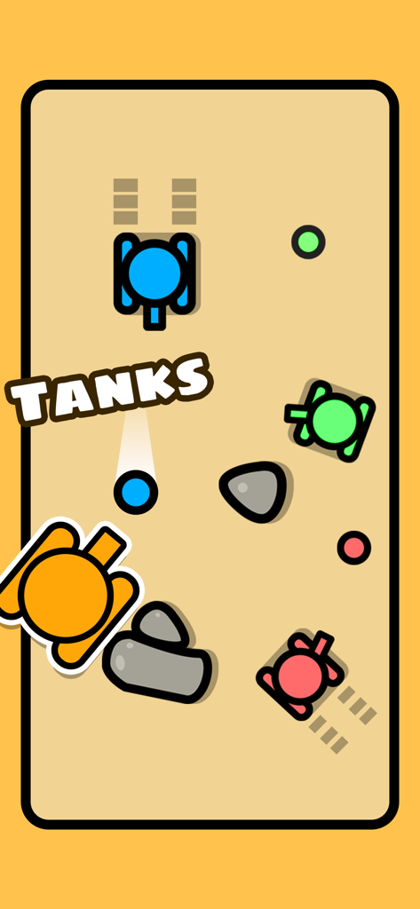 1 2 3 4 Player Games - Battle - Vista superior de una batalla de tanques multijugador para cuatro jugadores en una sola pantalla de dispositivo móvil.