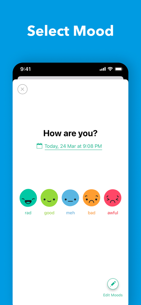 Daylio Journal app interface showing the mood selection screen with five colorful emoji icons ranging from rad to awful