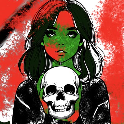 realistic girl holding a skull