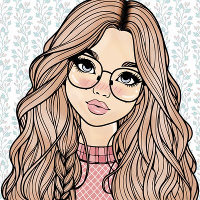 girl with long hair and freckles and glasses realistic