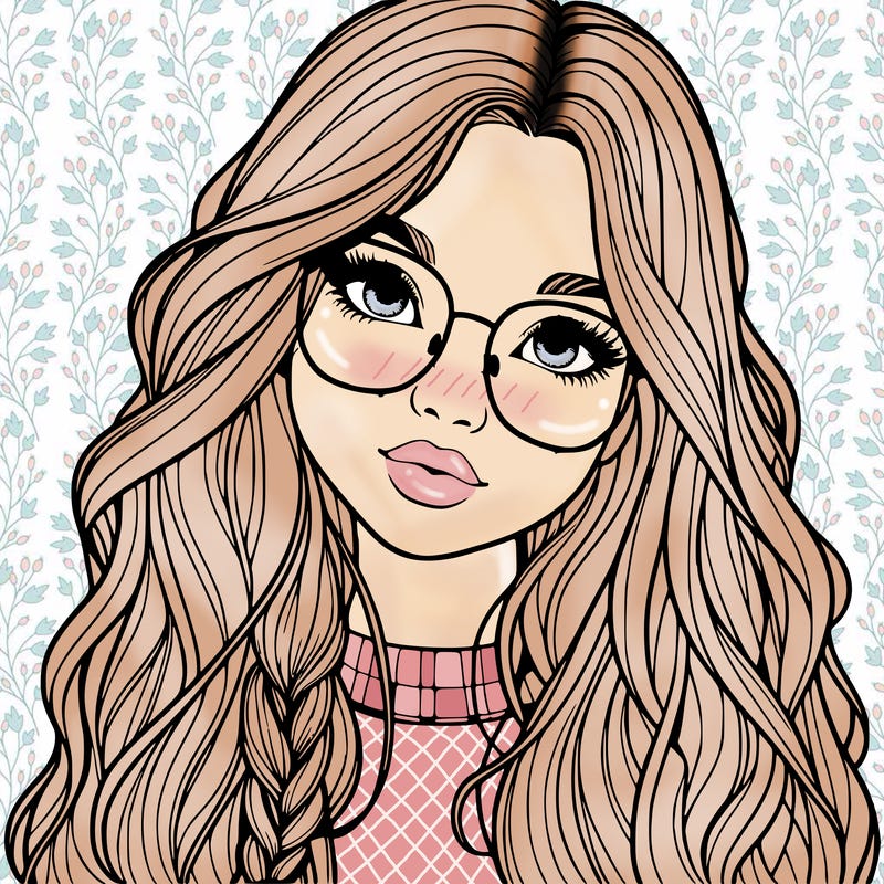 girl with long hair and freckles and glasses realistic
