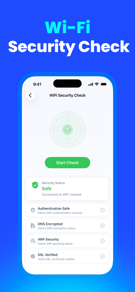 PureDefend: Security & Cleaner - PureDefend app interface showing the WiFi Security Check feature with a safe status result