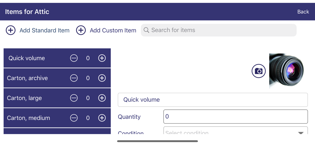 MoveMan Mobile app showing inventory list for an attic move