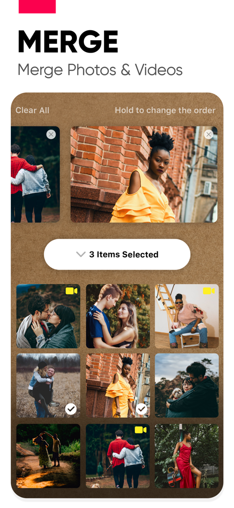 A mobile screen showing the selection of photos and videos to merge in the Slide Show Maker app