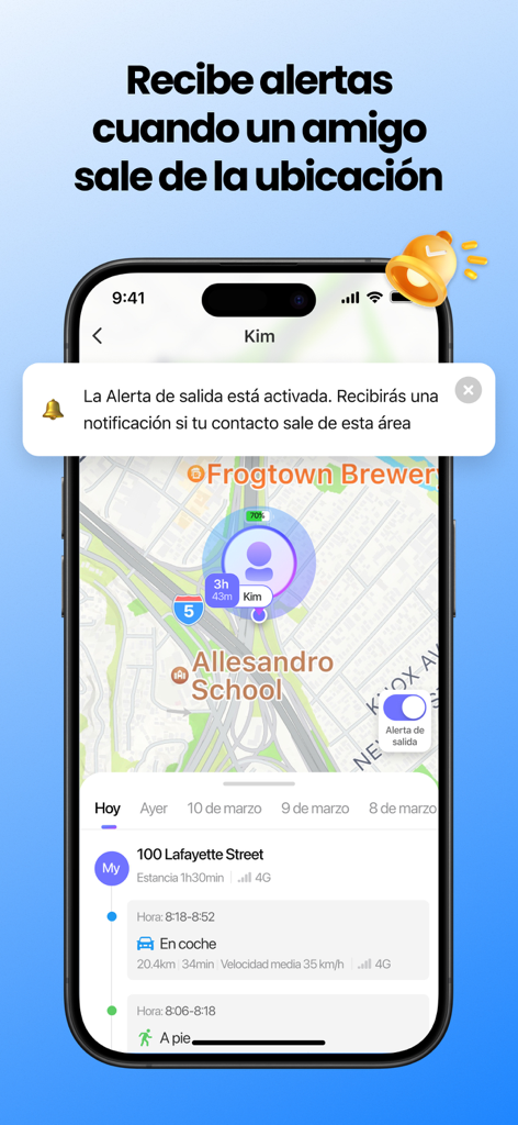 Interfaz de la aplicación LookNum mostrando un mapa en tiempo real con alertas de salida de geovalla e historial de ubicación.