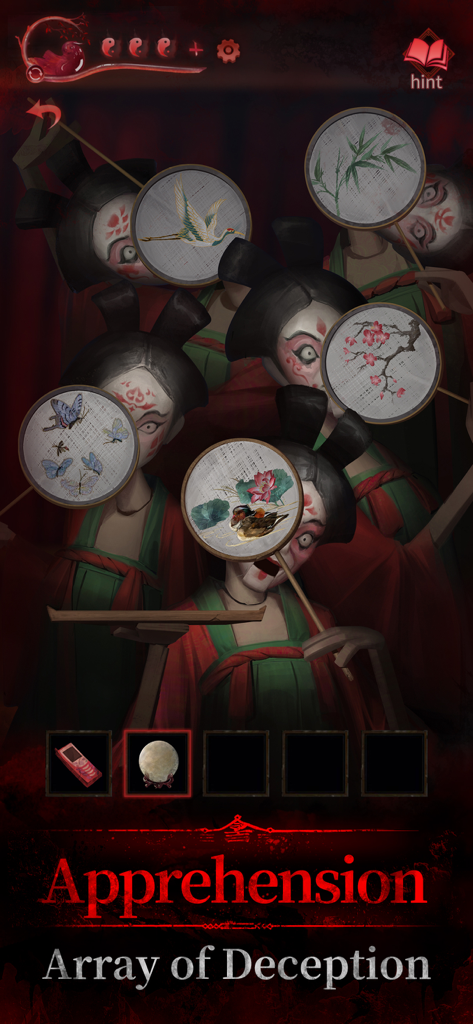 Eerie figures with traditional makeup holding illustrated fans in a horror puzzle game scene titled Array of Deception