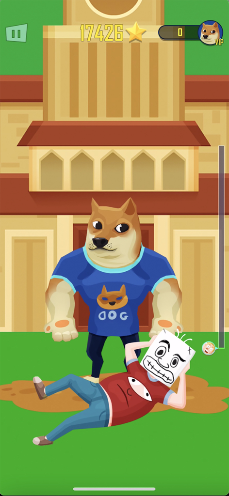 Buddy Toss - A muscular dog character in a blue shirt standing over a man with a paper bag on his head in the Buddy Toss mobile game.