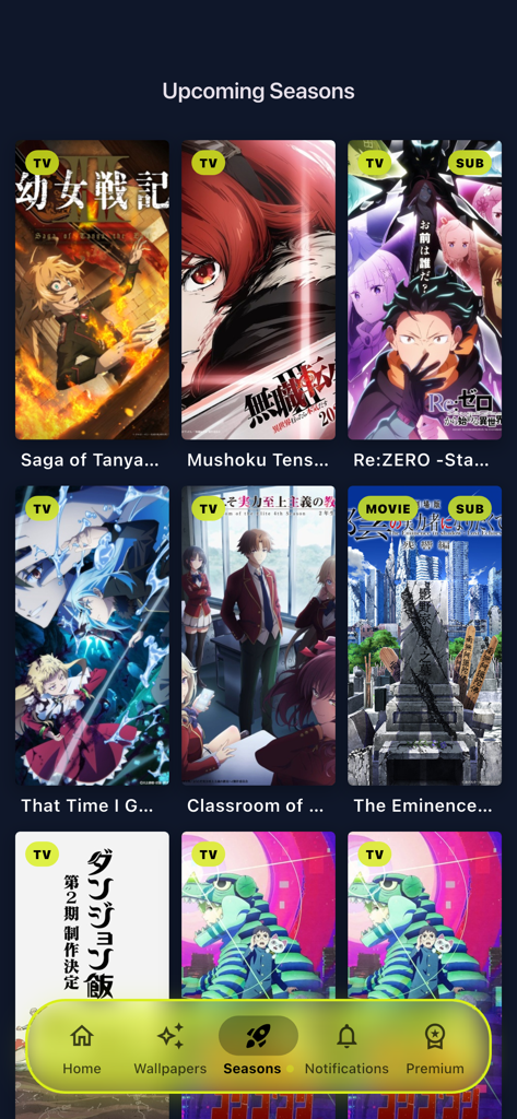 hianime animekai : anime plus - Mobile app interface showing a grid of upcoming anime season posters and titles