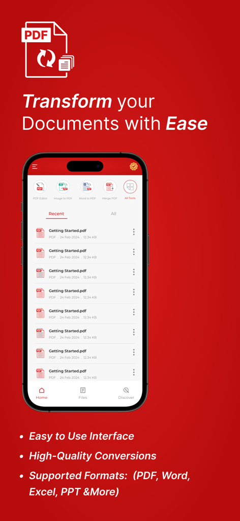 Convert to PDF : PDF Scanner - 문서 변환 도구가 있는 PDF로 변환 앱 인터페이스를 보여주는 iPhone 화면