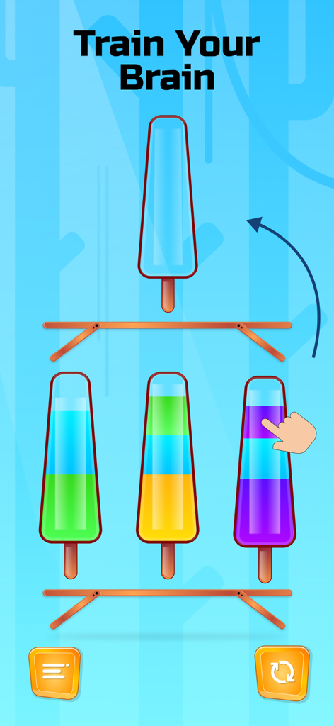 Jogabilidade do Water Sort Puzzle mostrando líquidos coloridos sendo classificados em garrafas em forma de picolé
