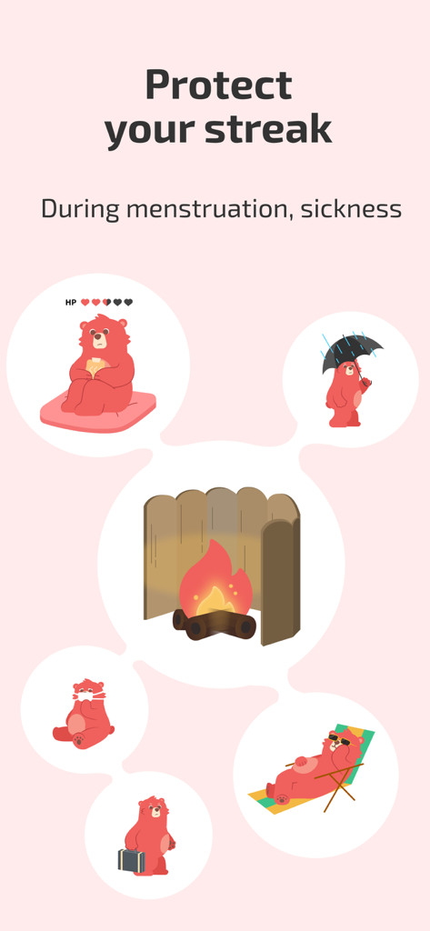 Graphic showing the Fito bear character in various scenarios like sickness and travel to illustrate the fitness streak protection feature