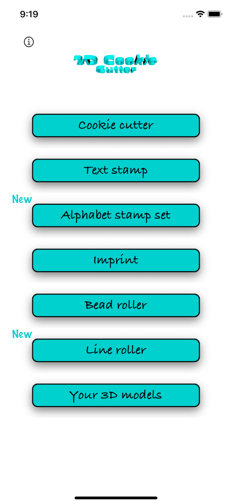 3D Cookie Cutter - Main menu of the 3D Cookie Cutter app with buttons for cookie cutters, text stamps, and rollers.
