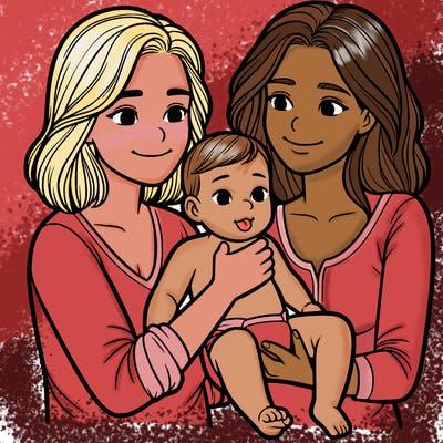 two realistic women holding one baby together