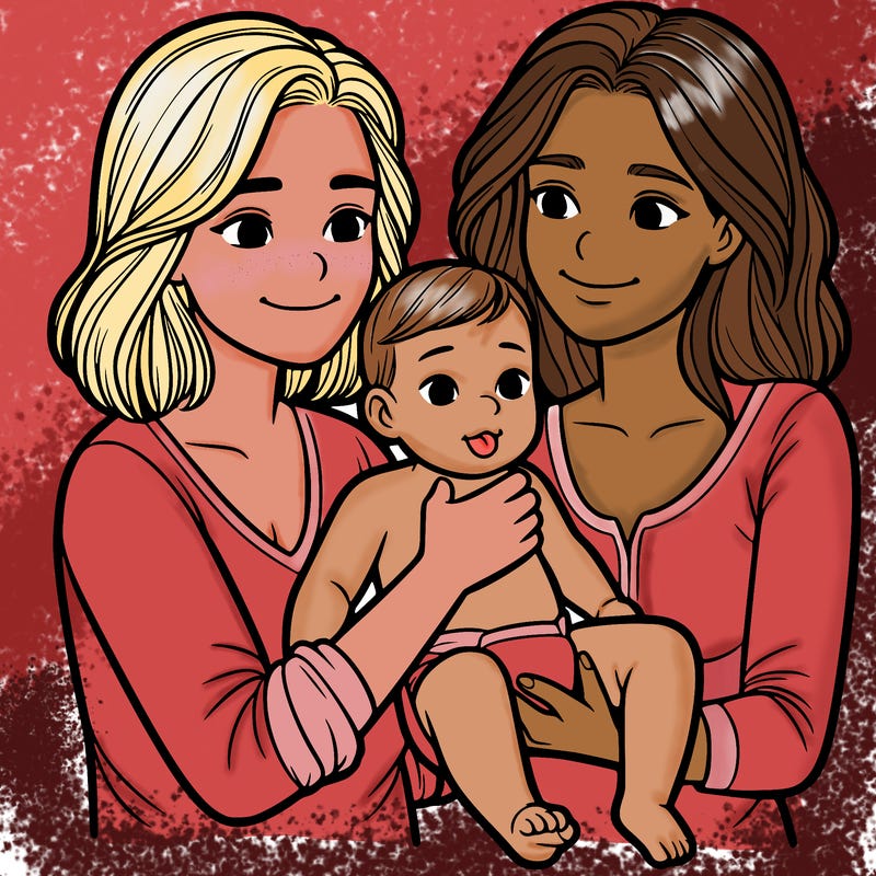 two realistic women holding one baby together