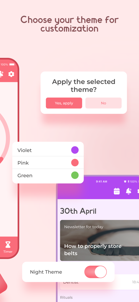 Interface do aplicativo LadyFly mostrando opções de personalização de tema, incluindo cores violeta, rosa e verde, e um alternador de modo noturno