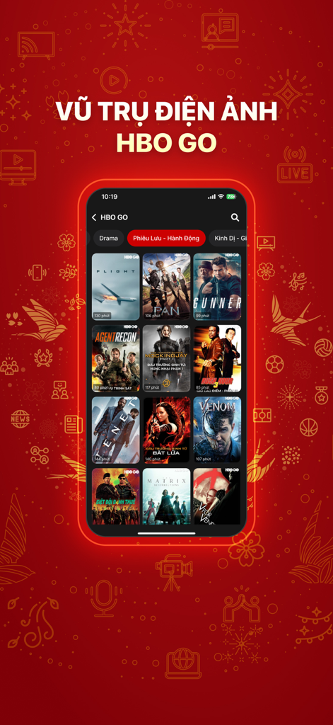 VTVcab ON - Giải trí bất tận - Benutzeroberfläche der VTVcab ON Mobile App mit einer Auswahl an Filmen von HBO GO