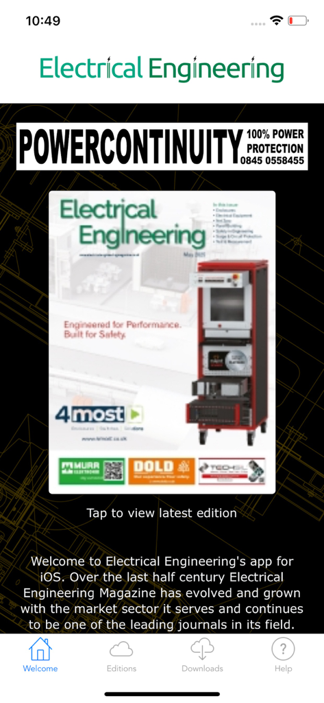 Electrical Engineering Mag - Tela inicial do aplicativo Electrical Engineering Magazine exibindo a capa da edição mais recente.