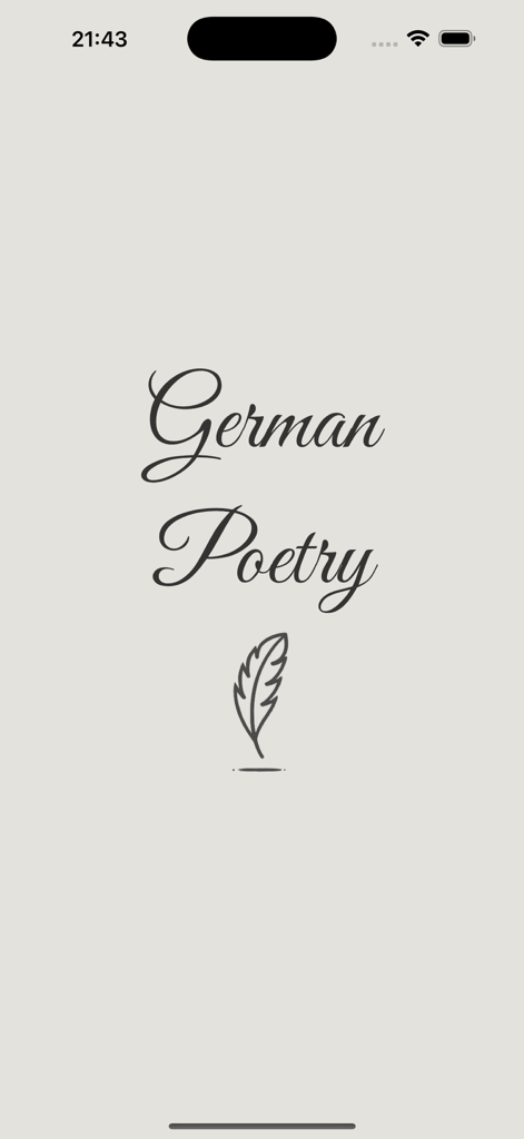German poetry - Splash screen of the German Poetry app featuring elegant cursive text and a feather quill icon on a minimalist background