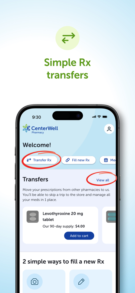 The CenterWell Pharmacy app on an iPhone highlighting the simple prescription transfer process.