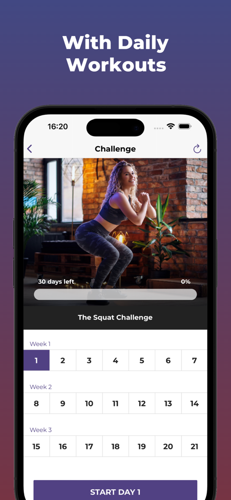The 30 Day Squat Challenge - The 30 Day Squat Challenge app screen showing a woman exercising and a daily progress calendar