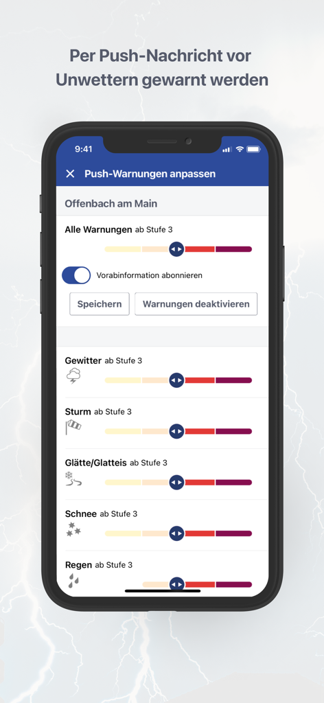 Customizable push notification settings for weather warnings in the DWD WarnWetter app.