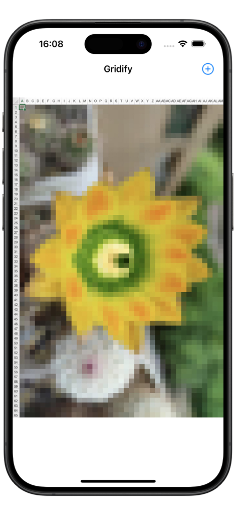 Gridify - Pixel Art Maker - Pixel art de un girasol renderizado dentro de una cuadrícula de hoja de cálculo en la aplicación Gridify.