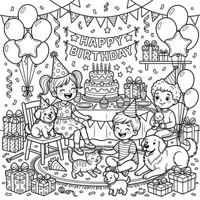 Join the most paw-some birthday bash! This delightful coloring page captures the pure joy of children celebrating their special day alongside their furry best friends, surrounded by festive fun.