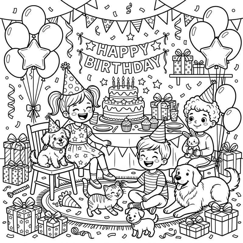 Join the most paw-some birthday bash! This delightful coloring page captures the pure joy of children celebrating their special day alongside their furry best friends, surrounded by festive fun.
