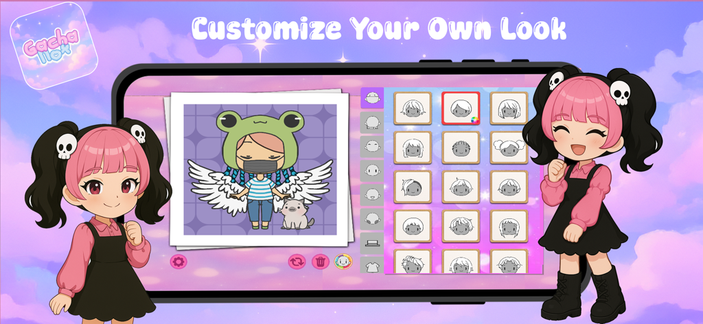 Gacha Nox Life World Game - Pantalla de personalización de personajes en Gacha Nox Life World Game que muestra varias opciones de peinado y un lindo avatar de anime