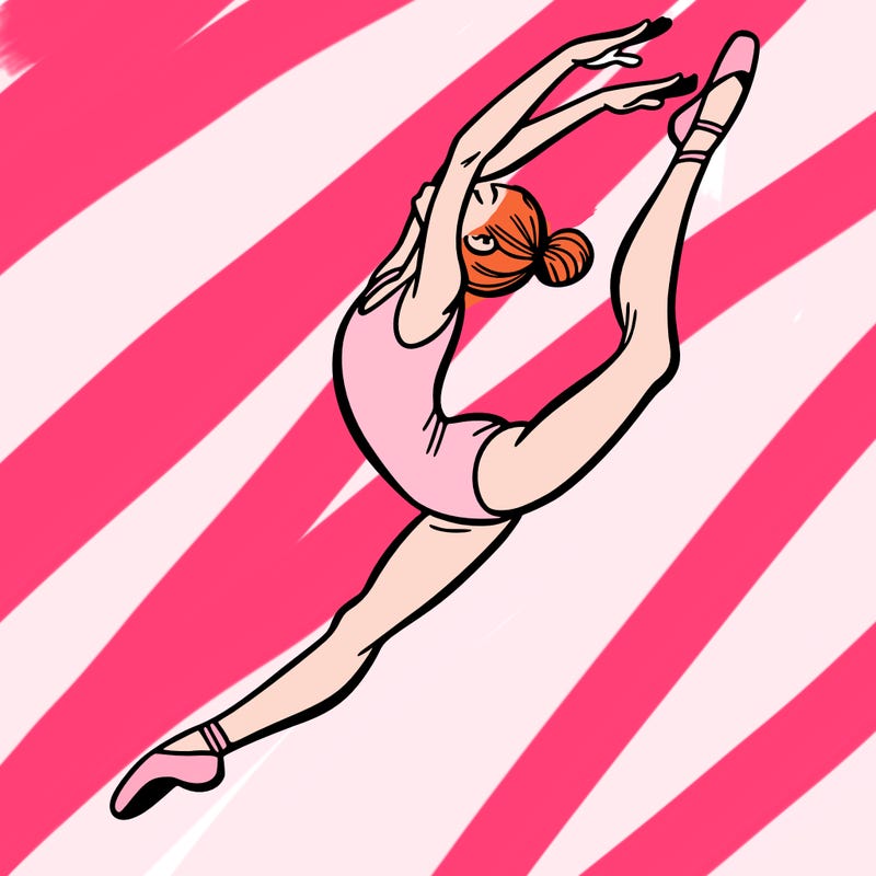 gymnast doing a leap in a leotard with a bent back leg
