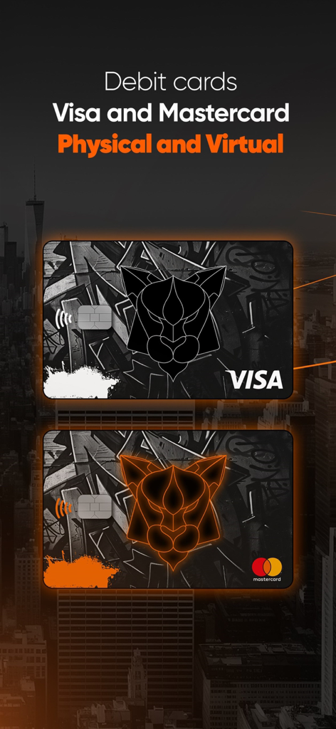 Panther: Wallet Crypto - Tarjetas de débito físicas y virtuales Visa y Mastercard de Panther Wallet con el logo de pantera