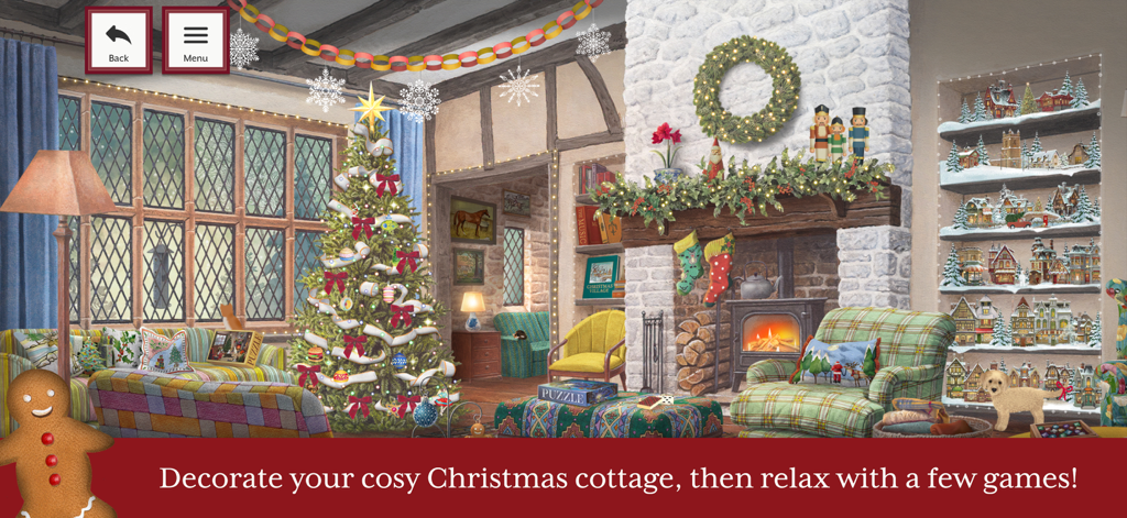 A cozy Christmas cottage interior with a decorated tree and fireplace