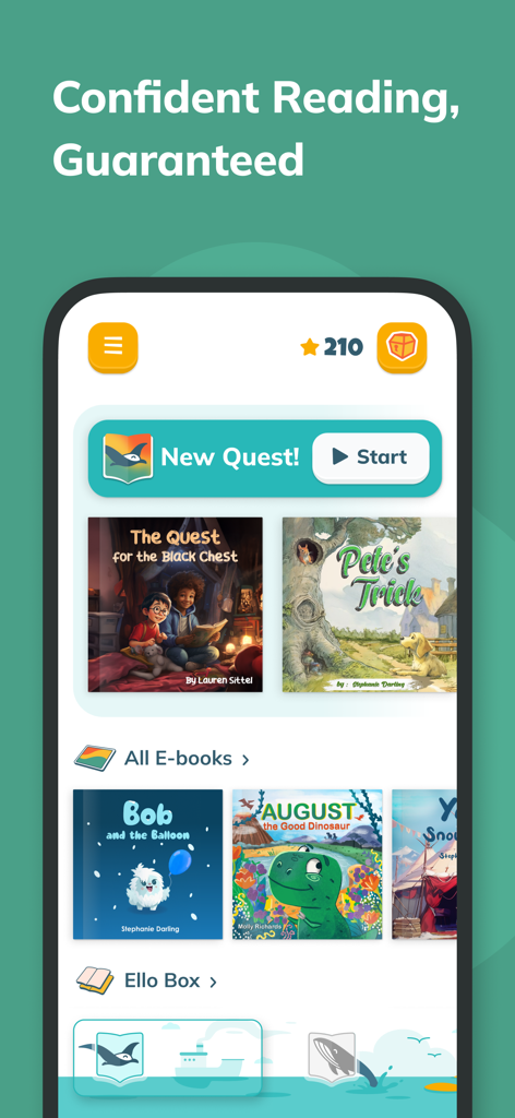 Read with Ello app interface showing a library of kids books and a new quest start button