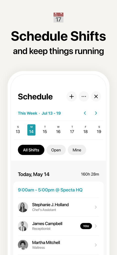 Atto app interface showing a weekly shift schedule and assigned employees for a specific work day