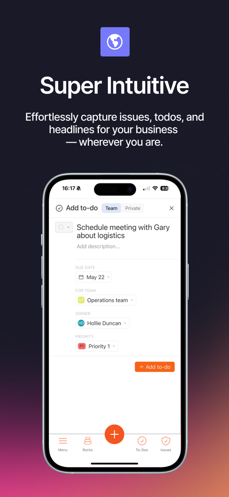 Success.co - Interface of the Success.co app showing how to add a new business to-do with owner and priority details.